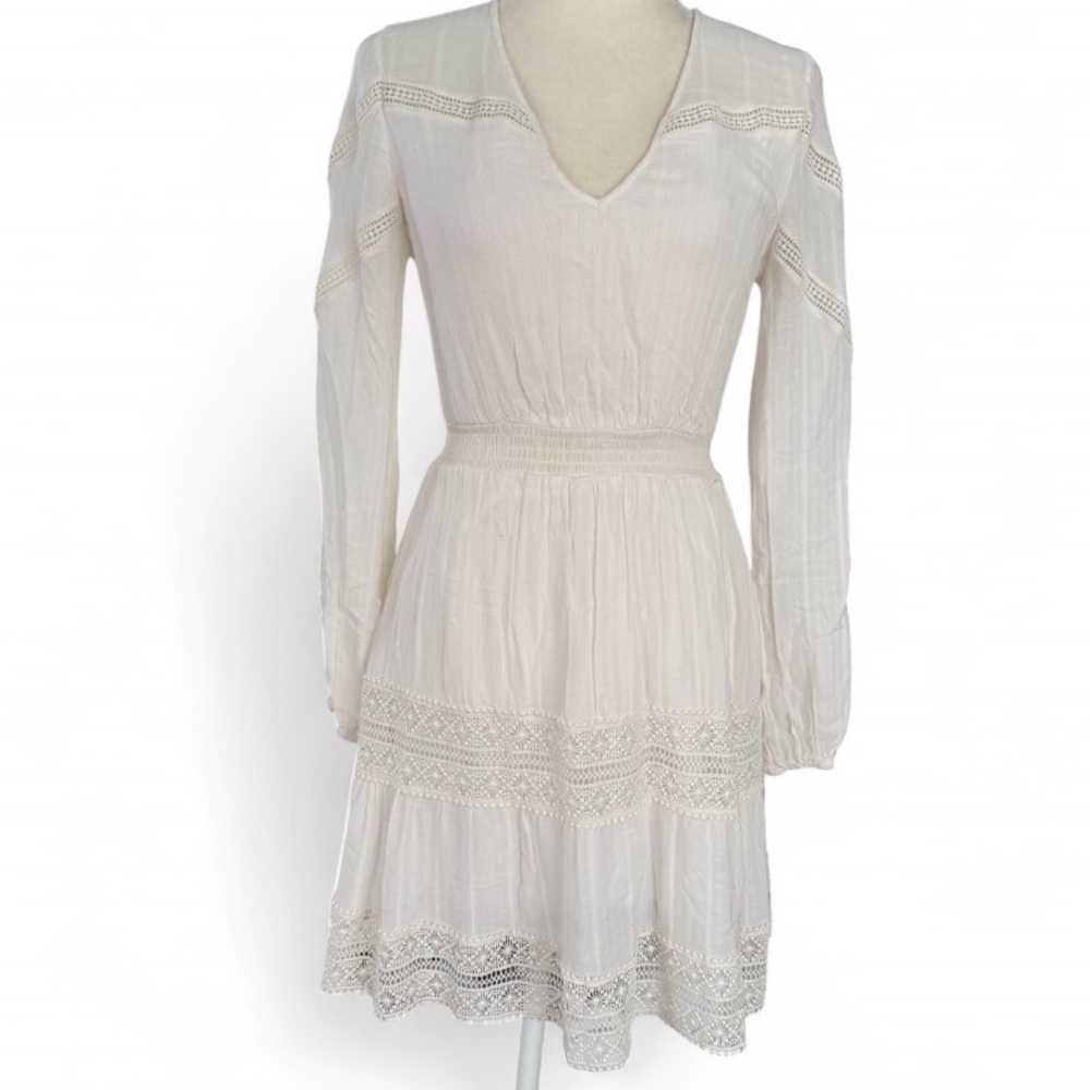 Guess Ivory Long Sleeve Dress with Lace Accents